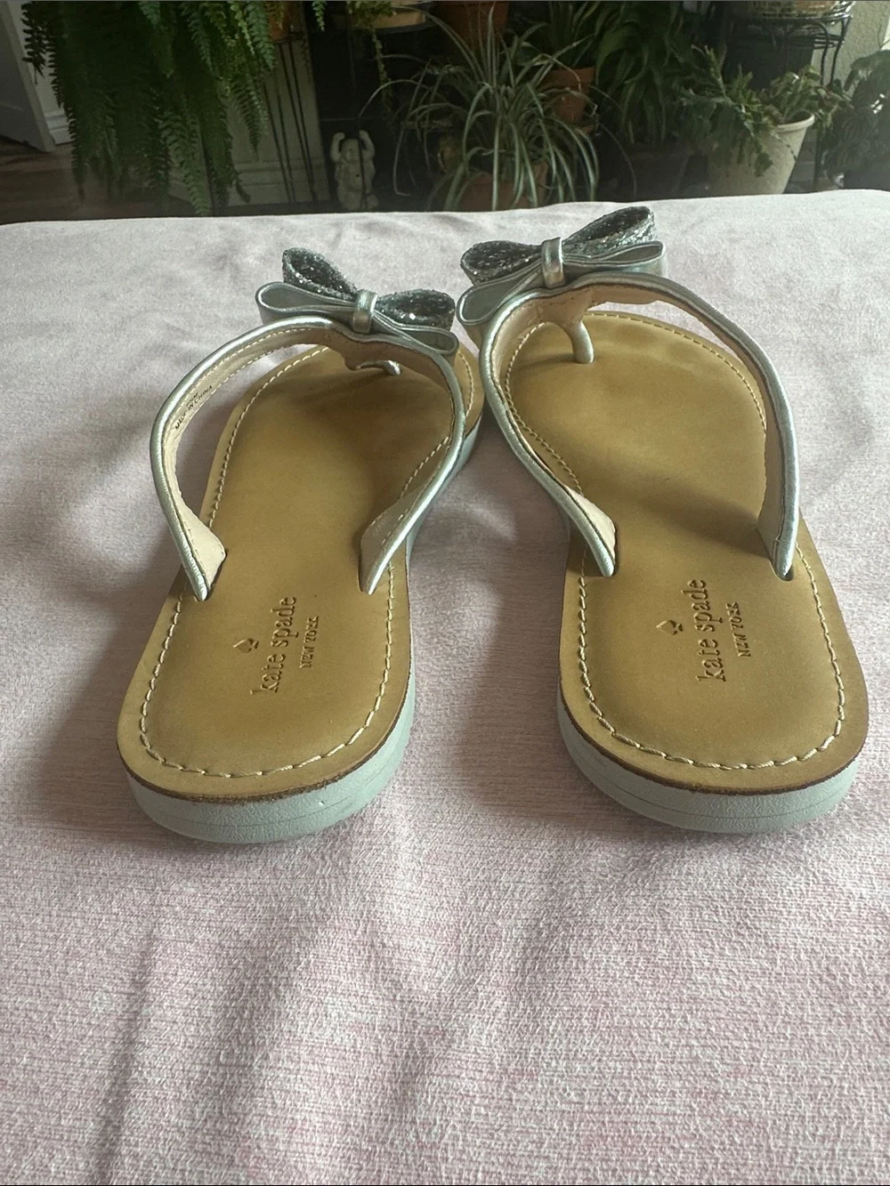 kate spade Silver Glitter Bow Thong Sandals with Tan Footbed